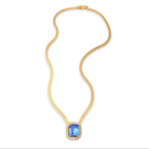Vintage Blue Rhinestone Pendant Necklace Emerald Cut Gold Tone Herringbone Chain - Picture 3 of 5